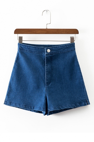 Summer's High Waist Single Button Plain Slit Side Denim Shorts
