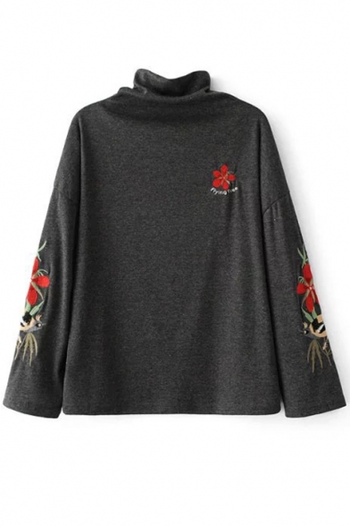 Women's Embroidery Floral Pattern High Neck Dropped Sleeve Pullover Sweater