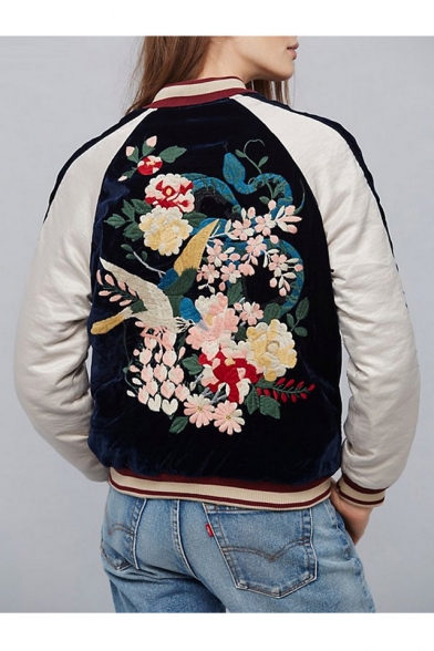 Women's Embroidery Floral Pattern Raglan Sleeve Color Block Zipper Placket Bomber Jacket