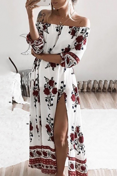 Women's Sexy Off the Shoulder Half Sleeve Split Side Floral Printed Maxi Dress