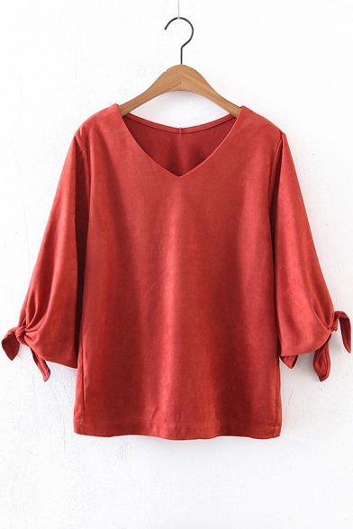 Women's Tied Cuffs V-Neck 3/4 Length Sleeve Solid Color T-Shirt