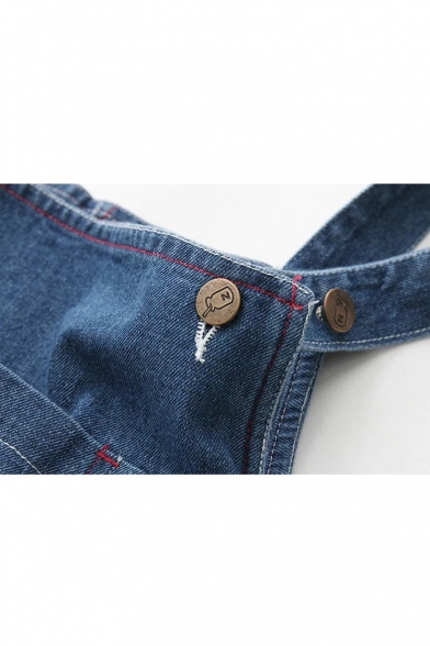 Basic Plain Split Back Buttons Straps Mini Denim Overall Dress