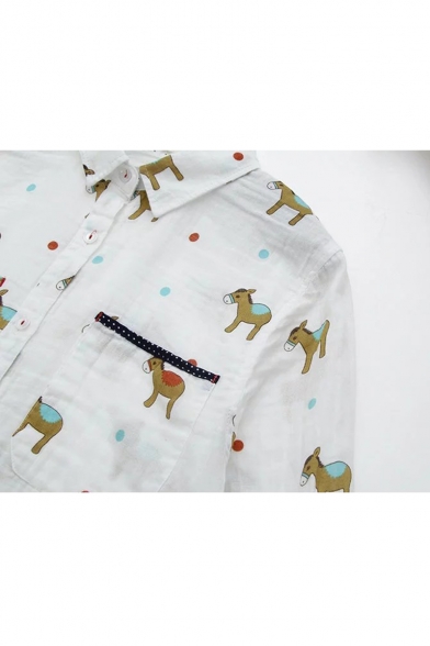 Cute Burro Printed Single Breasted Lapel Long Sleeve Shirt with Pockets