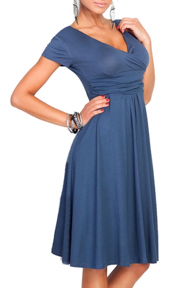Elegant Plunge Neck Cap Sleeve Solid Color Gathered Waist A-Line Midi Dress