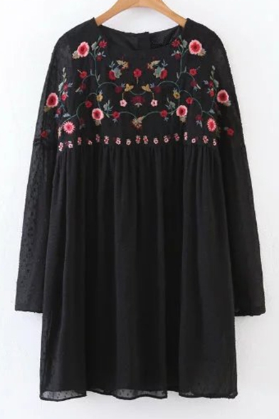 Embroidery Floral Pattern Long Sleeve Round Neck Shift Mini T-Shirt Dress