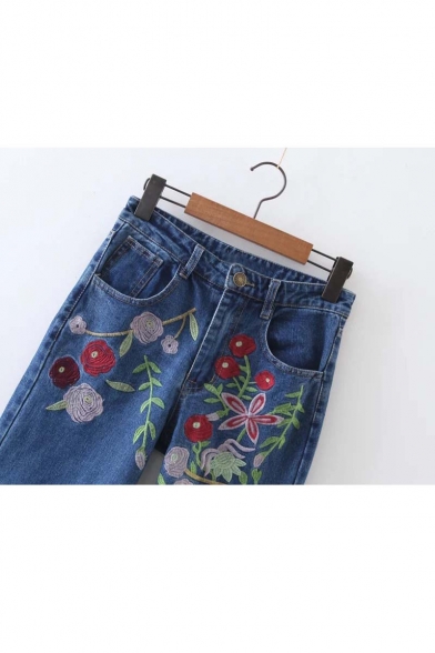 Fashion High Waist Embroidery Floral Pattern Straight Jeans