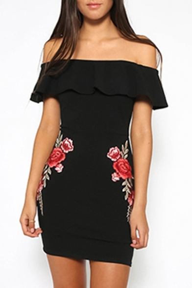 Floral Embroidered Off the Shoulder Ruffle Hem Mini Bodycon Dress