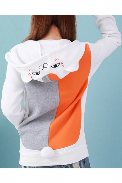 Lovely Cat Embroidery Hooded Zipper Placket Color Block Coat