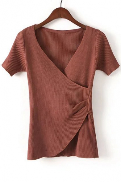 New Arrival Wrap V-Neck Short Sleeve Plain Asymmetric Pullover Sweater