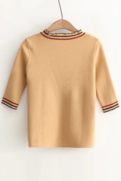 Round Neck 3/4 Length Sleeve Striped Printed Cuff Knit Pullover Sweater