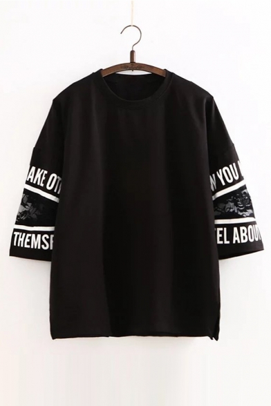 Round Neck 3/4 Sleeve Lace Inserted Sleeve Letter Printed BF Style Oversize T-Shirt