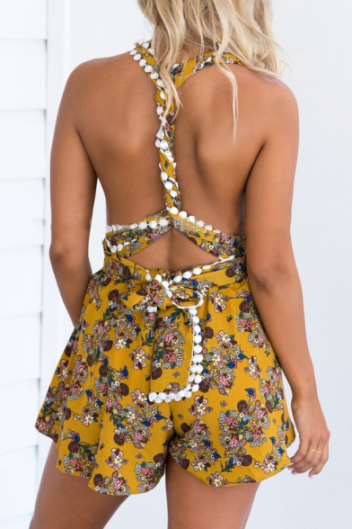 Sexy Plunge Neck Crisscross Open Back Floral Printed Fashion Rompers