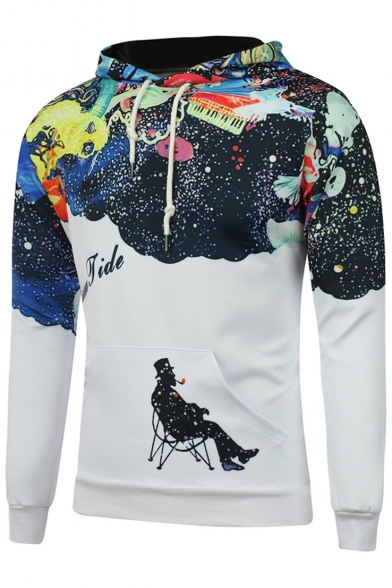 Unisex Drawstring Hooded Galaxy Cartoon Color Block Hoodie Sweatshirt