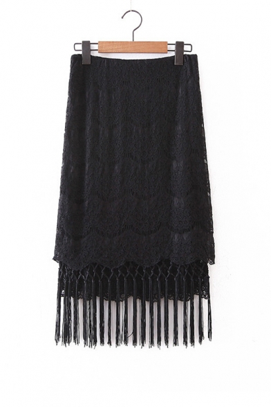 Women's Lace Tassel Plain Midi Bodycon Skirt