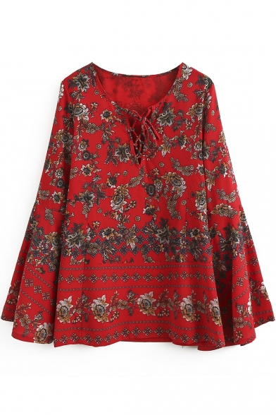 Women's Lace-Up V-Neck Bell Long Sleeve Floral Printed Tunic Blouse