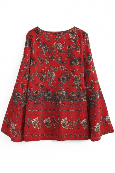 Women's Lace-Up V-Neck Bell Long Sleeve Floral Printed Tunic Blouse