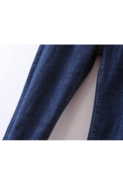 Basic Plain Mid Waist Fringe Trim Roll Up Cuff Capri Jeans