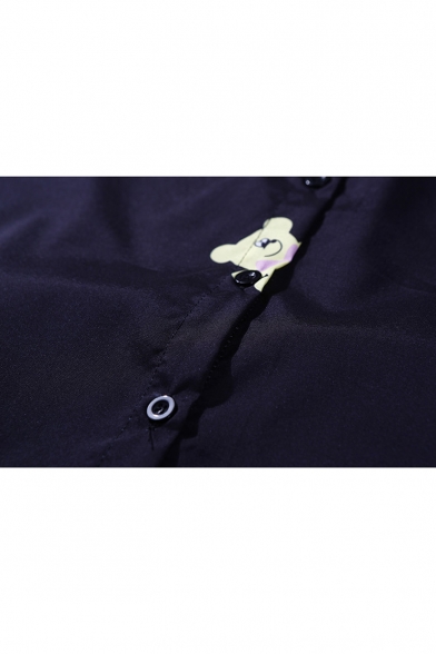 Bear Printed Lapel Collar Long Sleeve High Low Hem Buttons Down Shirt