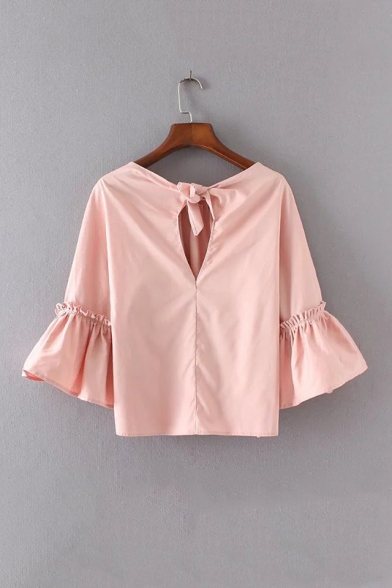 Cutout Tied Back Ruffle Bell Sleeve Plain Pullover Blouse