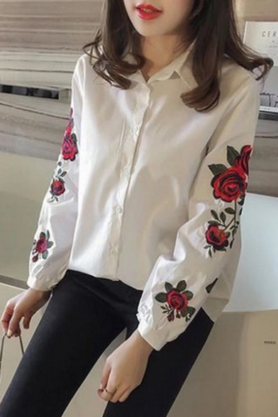 Embroidery Floral Long Sleeve Single Breasted Lapel Shirt