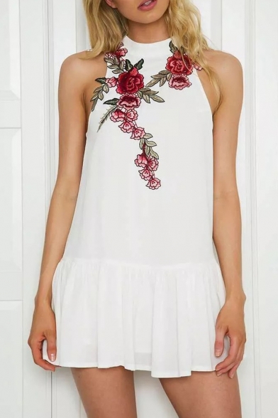 Floral Embroidered Round Neck Sleeveless Open Back Ruffle Hem Mini Dress