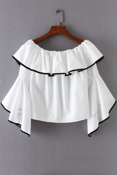 Layered Ruffle Front Flare Long Sleeve Boat Neck Cropped Blouse