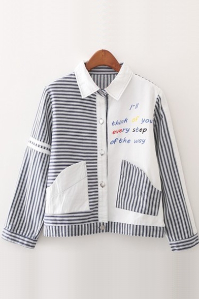 New Arrival Lapel Collar Long Sleeve Color Block Striped Printed Basic Coat