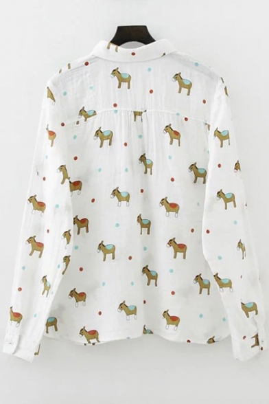 Cute Burro Printed Single Breasted Lapel Long Sleeve Shirt with Pockets
