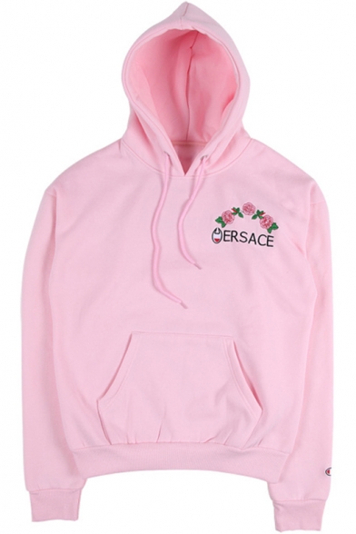 Drawstring Hooded Embroidery Letter Floral Pattern Hoodie Sweatshirt with One Pocket