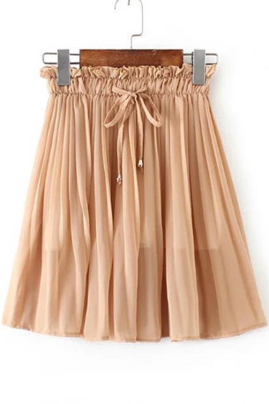 Elastic Drawstring Waist Sash Chiffon Mini Plain Skirt