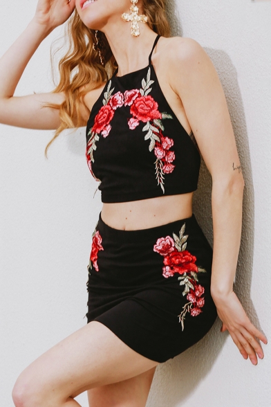 Floral Embroidered Halter Neck Open Back Cropped Top Mini Bodycon Skirt Co-ords