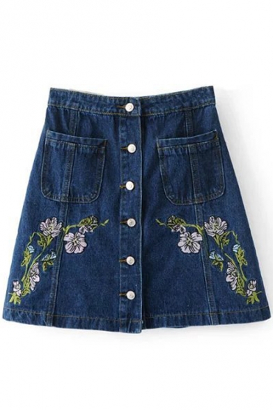 Floral Embroidered Single Breasted Mini A-Line Denim Skirt with Double Pockets