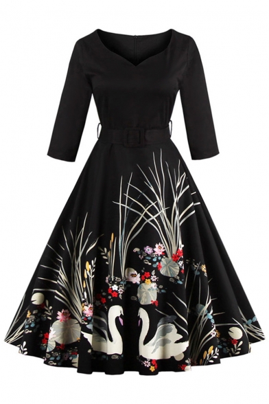 Glamorous Half Sleeve V-Neck Belt Waist Swan Floral Printed Midi Fit & Flare Dress