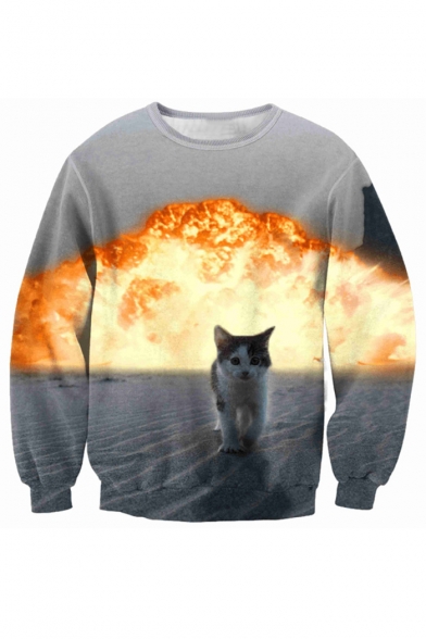 New Fashion Round Neck Long Sleeve Digital Fire Cat Printed Leisure Sweatshirt