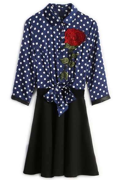 Polka Dot Printed Rose Embroidered Lapel Collar 3/4 Sleeve Tie Waist A-Line Midi Dress