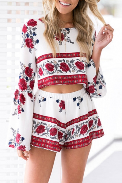 Sexy Fashion Split Open Back Bell Long Sleeve Floral Printed Blouse with Elastic Mid Waist Shorts