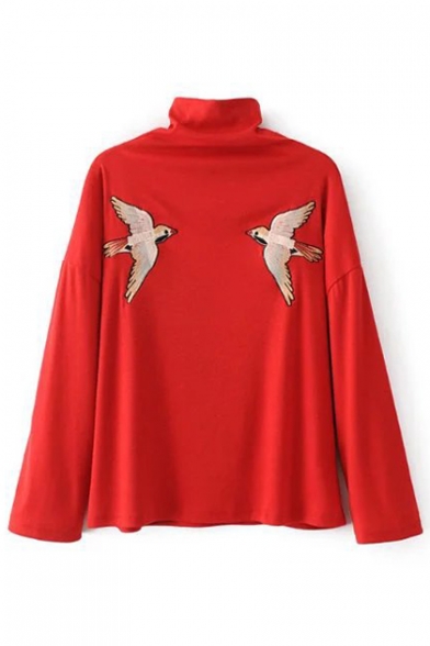 Women's Embroidery Bird Pattern High Neck Long Sleeve Pullover Sweater