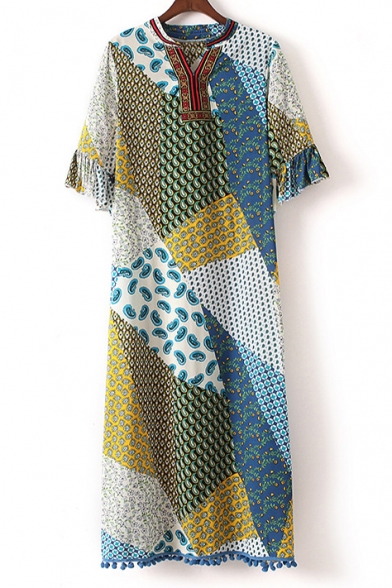 Asymmetric Printed Color Block Ruffle Short Sleeve Pom-Pom Tassel Hem Maxi Dress