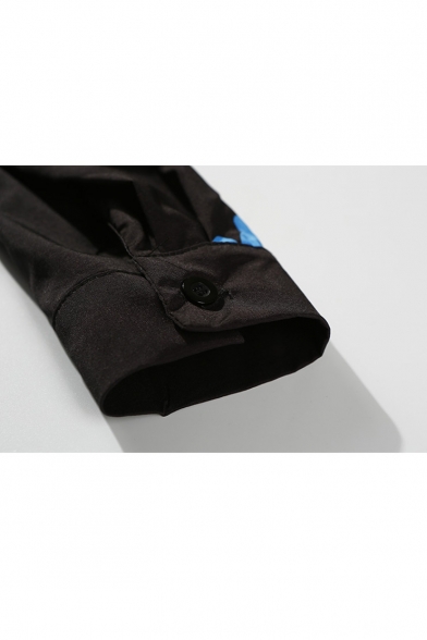 Bear Printed Lapel Collar Long Sleeve High Low Hem Buttons Down Shirt