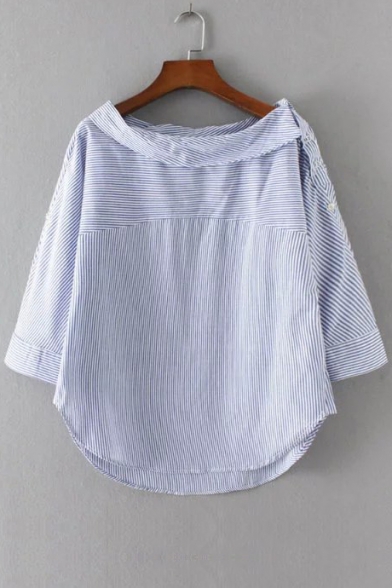 Boat Neck Half Sleeve Asymmetrical Trim Striped Printed Pullover Blouse