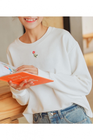 Embroidery Rose Flower Batwing Long Sleeve Round Neck T-Shirt