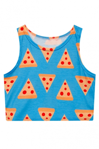 Fashion Pizza Printed Round Neck Sleeveless Fitted Cropped Tank Top
