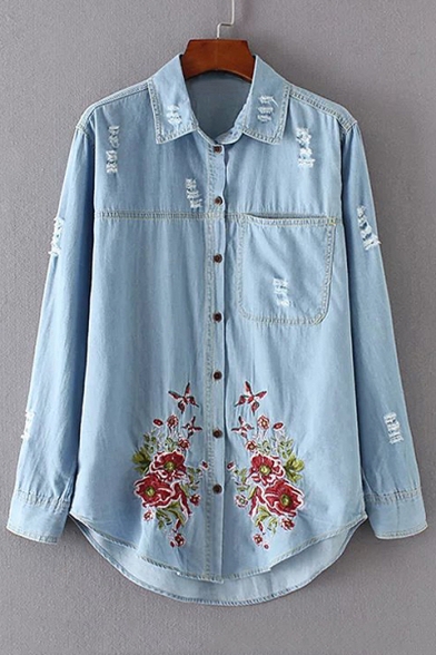 Floral Butterfly Embroidered Ripped Lapel Collar Long Sleeve Denim Shirt with Single Pocket
