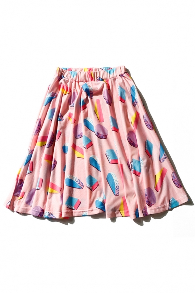 Geometric Printed Short Sleeve Round Neck Casual Tee with Elastic Waist Mini A-Line Skirt