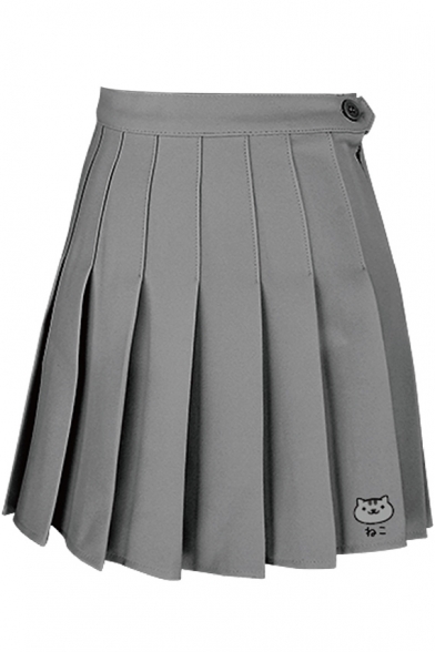 High Rise Single Button Cartoon Cat Printed A-Line Mini Pleated Skirt