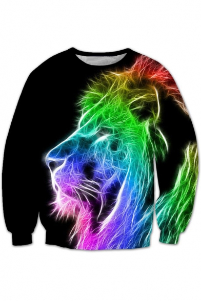 New Stylish 3D Lion Colorful Printed Long Sleeve Round Neck Pullover Sweatshirt
