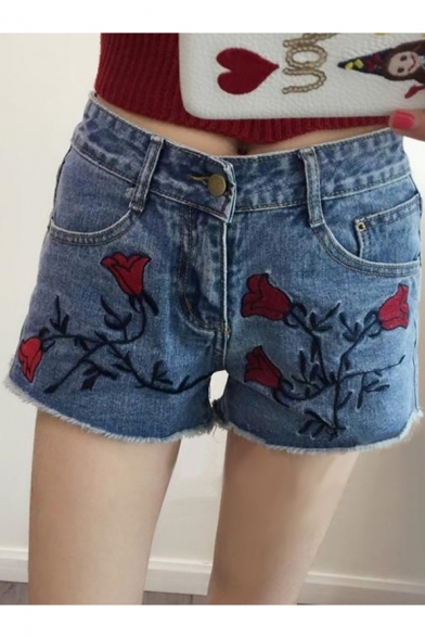 Summer Floral Embroidered Fringe Trim New Fashion Hot Pants Denim Shorts