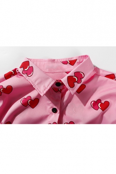 Sweet Heart Printed Lapel Collar Long Sleeve Buttons Down High Low Hem Loose Shirt