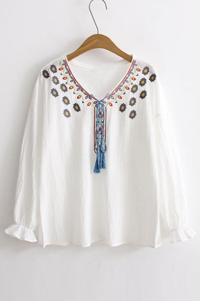 Tribal Printed V-Neck Long Sleeve Petal Cuff Leisure Casual Pullover Blouse