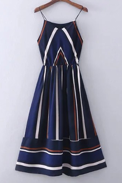 Vintage Asymmetric Striped Color Block Spaghetti Straps Sleeveless Midi Cami Dress